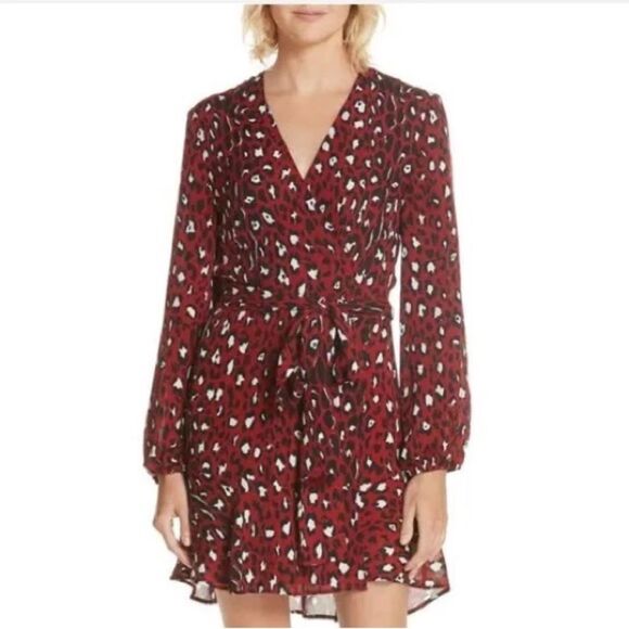 A.L.C. Red & Black Leopard Print Silk Mini Wrap Dress Size 4 - Picture 13 of 14